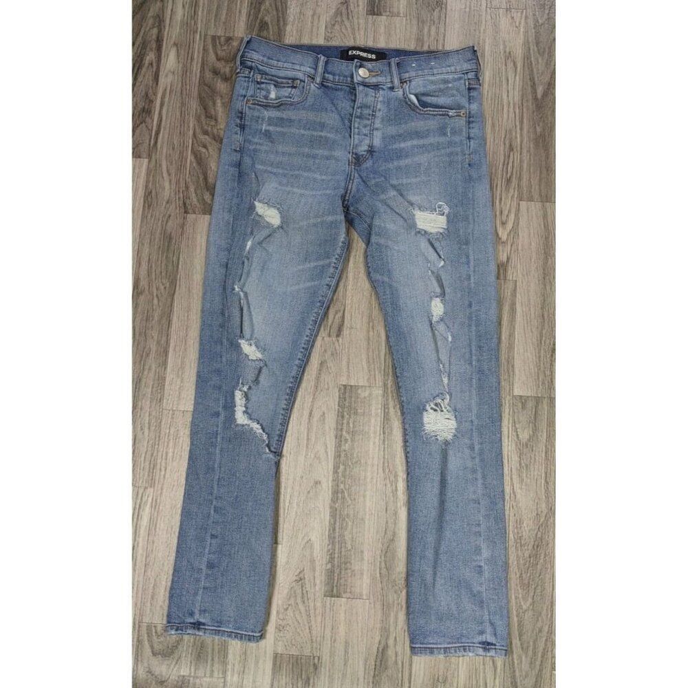 Express Womens Size 2R Vintage Skinny High Rise Distressed Button Fly Blue Jeans